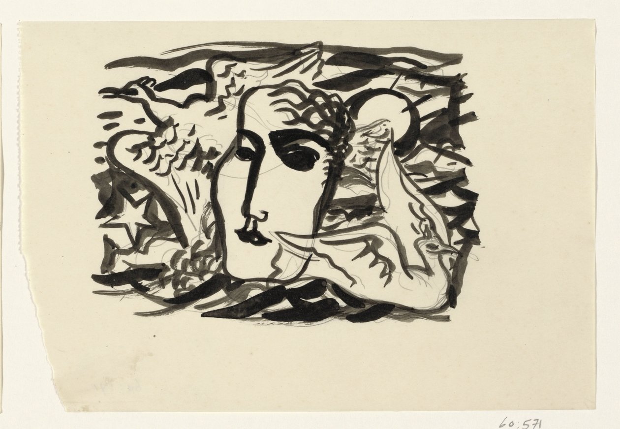 Cabeça de mulher e gaivotas com o mar ao fundo de Leo Gestel