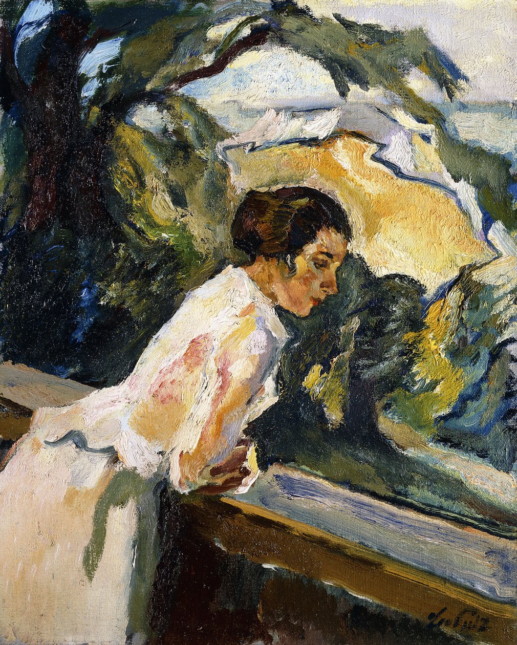 Frieda, a esposa do artista, inclinada sobre a varanda, c.1919-1922 (óleo sobre tela) de Leo Putz