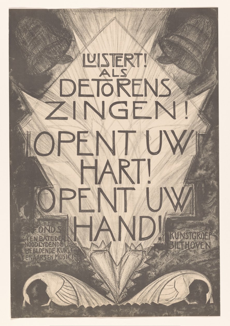 Cartaz para artistas e músicos angustiados ouve! Quando as torres cantam! Abra seu coração! Abra sua mão! (título no objeto) de Leo Visser
