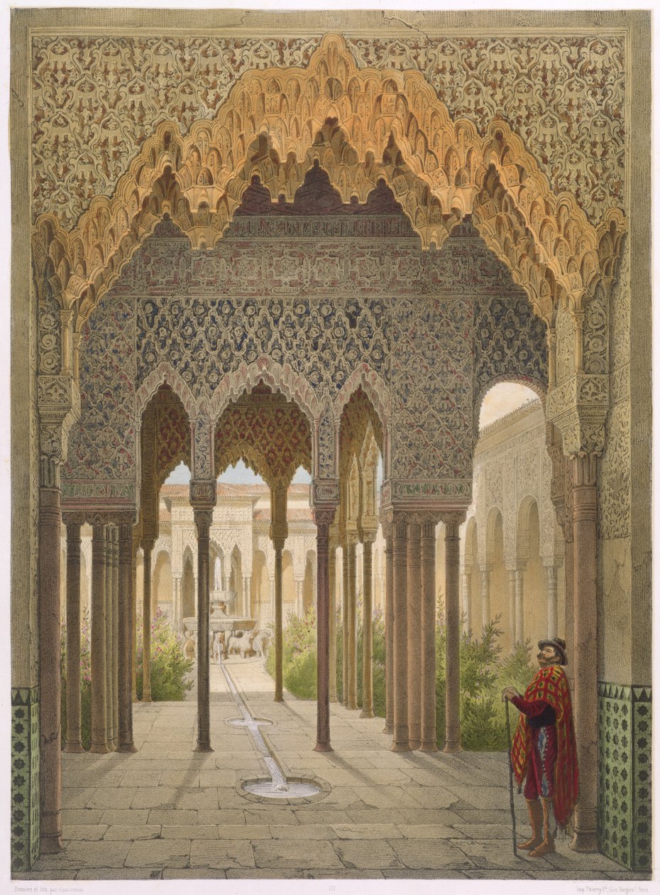O Tribunal dos Leões, o Alhambra, Granada, 1853 (lito colorido) de Leon Auguste Asselineau