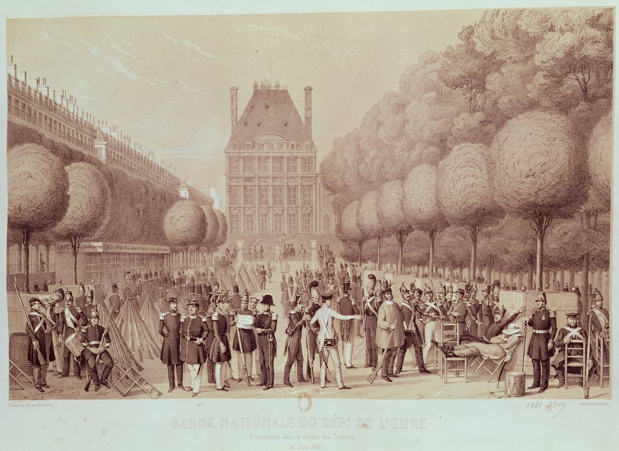 A Guarda Nacional do Eure Acampada no Jardim das Tulherias, 26 de junho de 1848 de Leon Auguste Asselineau
