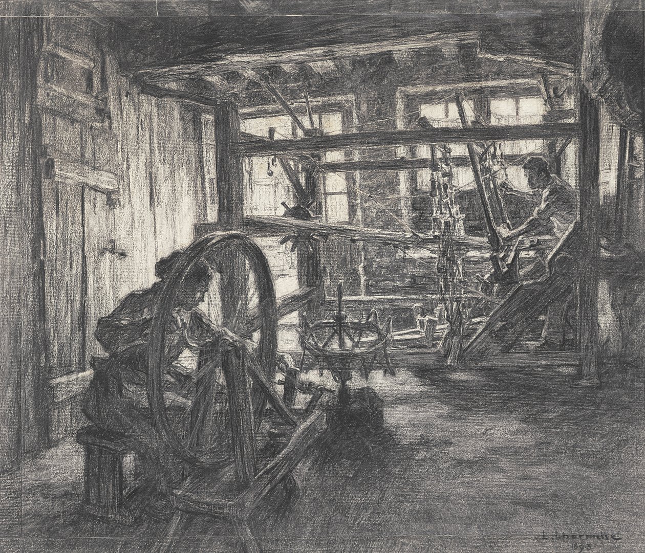 Oficina da Weaver em Dinan ou, A Weaver e sua Esposa, 1893 (carvão sobre papel) de Leon Augustin Lhermitte
