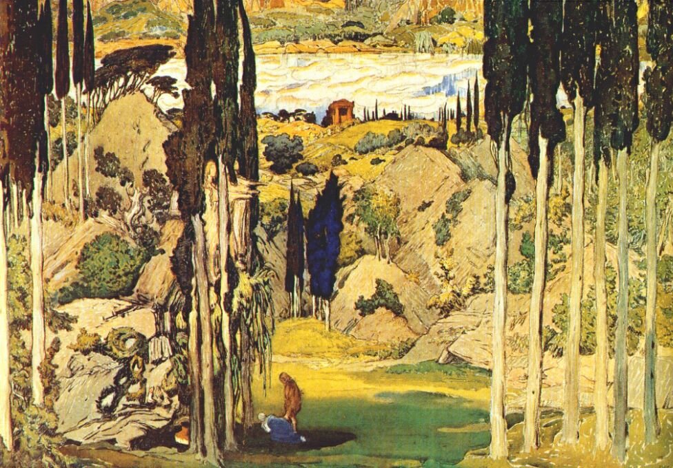 Cenário para a estréia mundial do balé Daphnis et Chloe música por Maurice Ravel, Parisn de Leon Bakst