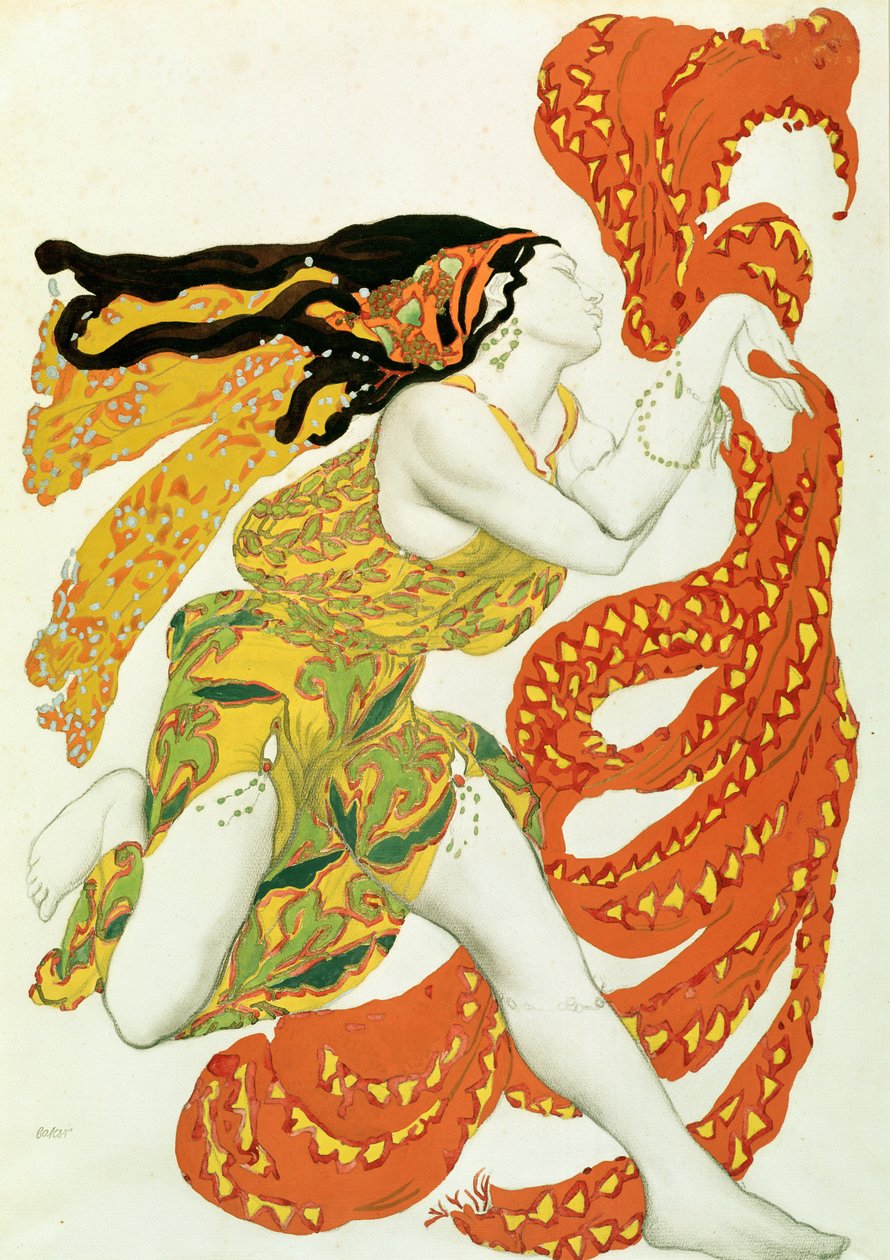 Figurino para uma bacante em &39;Narcisse&39; por Tcherepnin, 1911 (lápis e wc no papel) (ver também 4728) de Leon Bakst