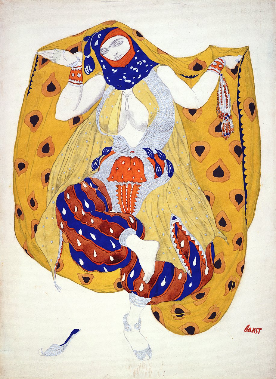 Figurino para dançarino em &39;Scheherazade&39;, um ballet produzido pela primeira vez por Diaghilev, de Leon Bakst