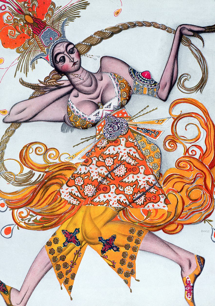 O figurino de um pas de deux dançou na festa de abertura do balé Diaghilev em 1909 de Leon Bakst