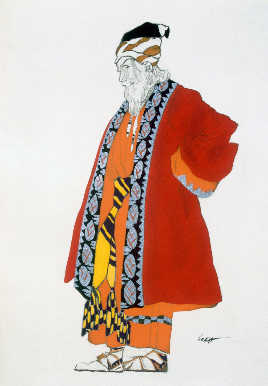 Figurino para um homem velho em um casaco vermelho de Leon Bakst