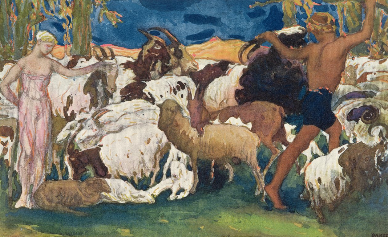 Daphnis e Chloe oferecendo um ao outro Boa noite, design para um painel decorativo, de Daphnis e Chloe, c.1912 de Leon Bakst