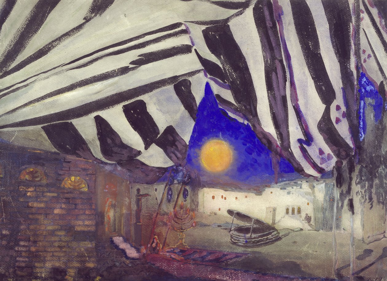 Decoração para &39;La Tragédie de Salomé&39;, c.1912 (aquarela e bodycolour com toques de giz colorido sobre grafite em papel creme) de Leon Bakst