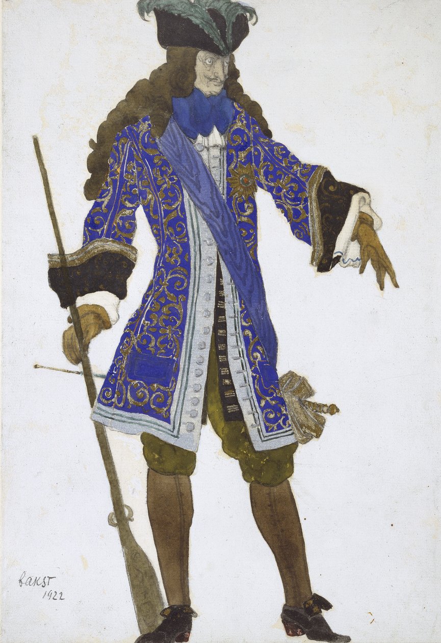 Design para o traje do conde no ato III de &39;The Sleeping Princess&39;, 1922 (aquarela e bodycolour com tintas de ouro e prata sobre grafite em papel creme) de Leon Bakst