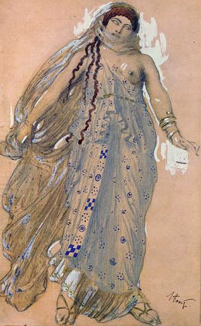 Phaedra, figurino para o drama Eurípides Hippolytos, 1902 (wc & oil on cardboard) de Leon Bakst