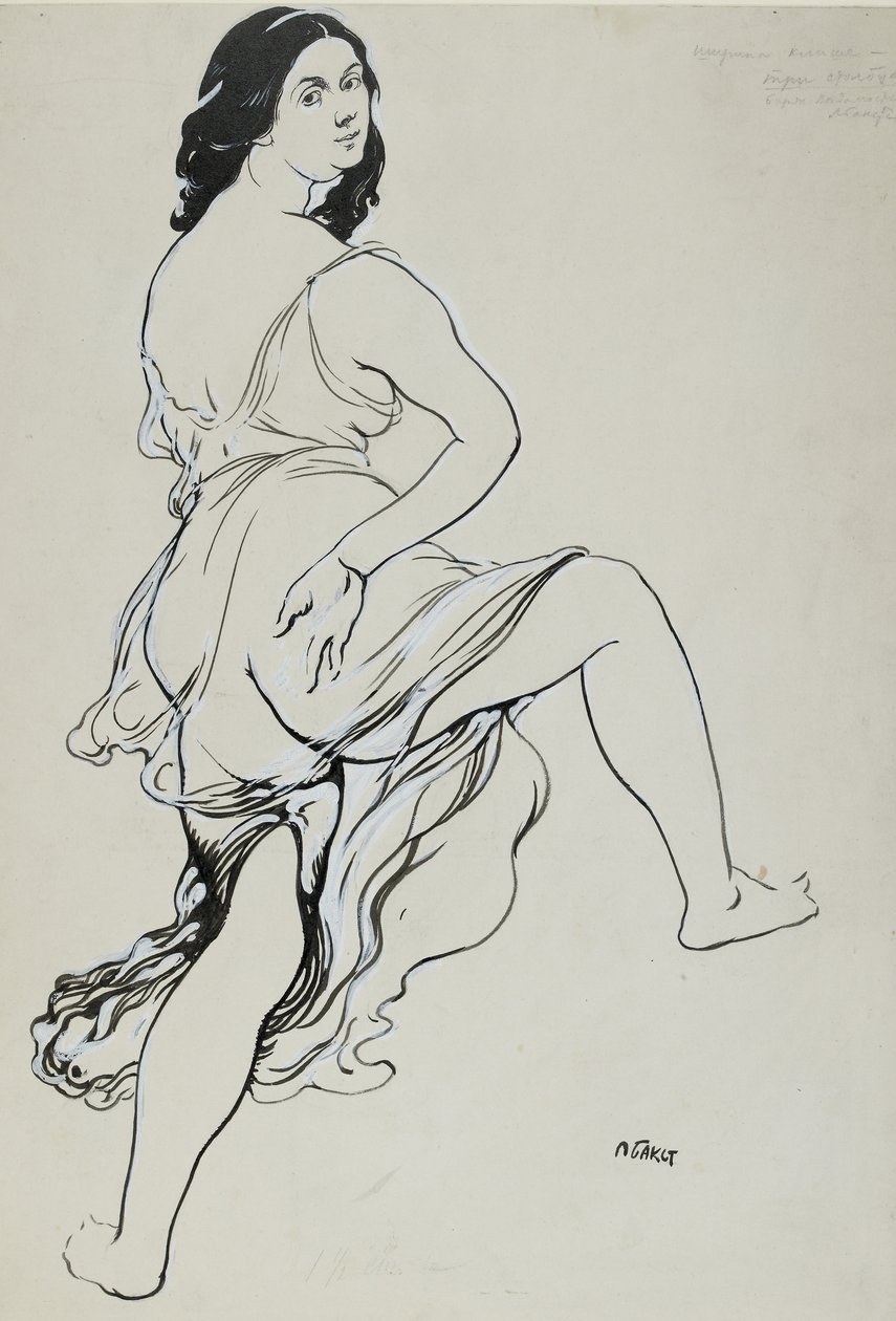 Retrato de Isadora Duncan dançando (pincel e nanquim sobre vestígios de grafite, corrigidos em bodycolour branco sobre papel branco) de Leon Bakst