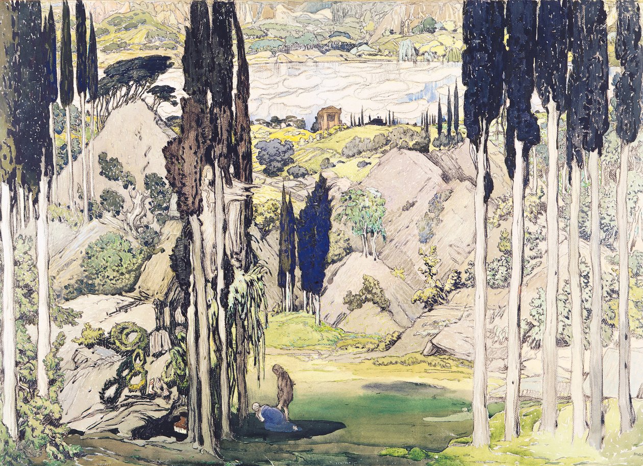 Cenário para o Acto I de &39;Daphnis and Chloe&39; de Maurice Ravel (1875-1937) 1912 de Leon Bakst