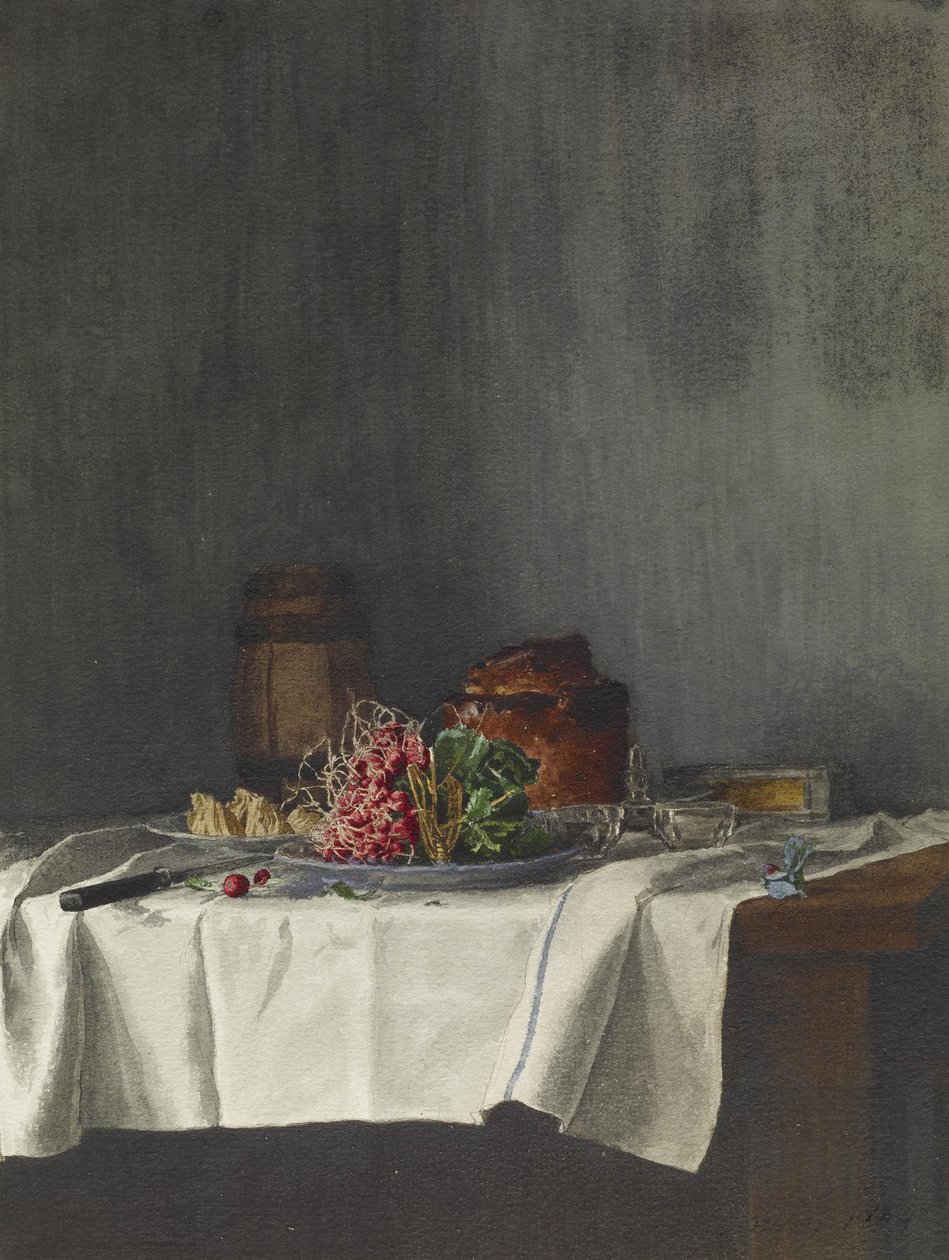 Ainda vida com rabanetes e patê, 1864 (caneta e tinta, lápis e wc no papel) de Léon Bonvin
