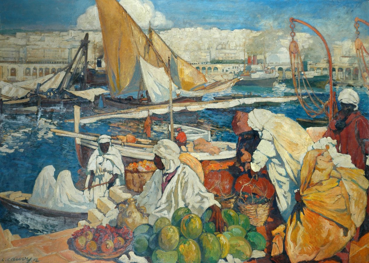 Argel La Blanche - cena do cais, Argel, 1912 de Leon Cauvy