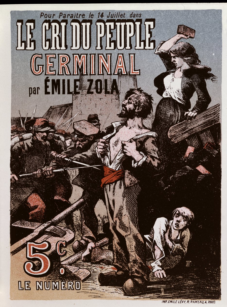 Cartaz publicitário da publicação de &39;Germinal&39; de Emile Zola (1840-1902) em &39;The People&39;s Cry&39; de Leon Choubrac