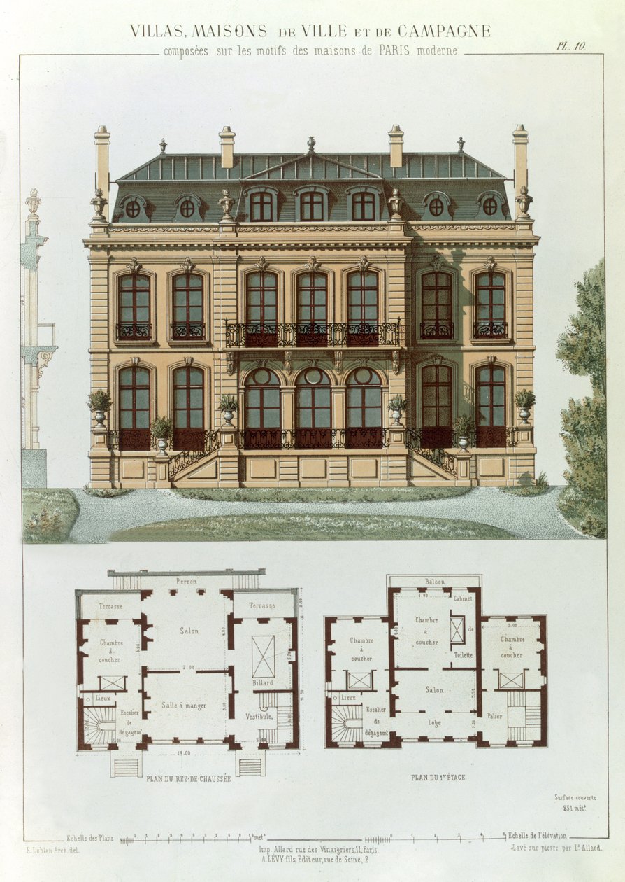 Casa suburbana parisiense e planos, de &39;Villas, cidade e casas de campo baseadas nas casas modernas de Paris&39;, c.1860 de Leon Isabey