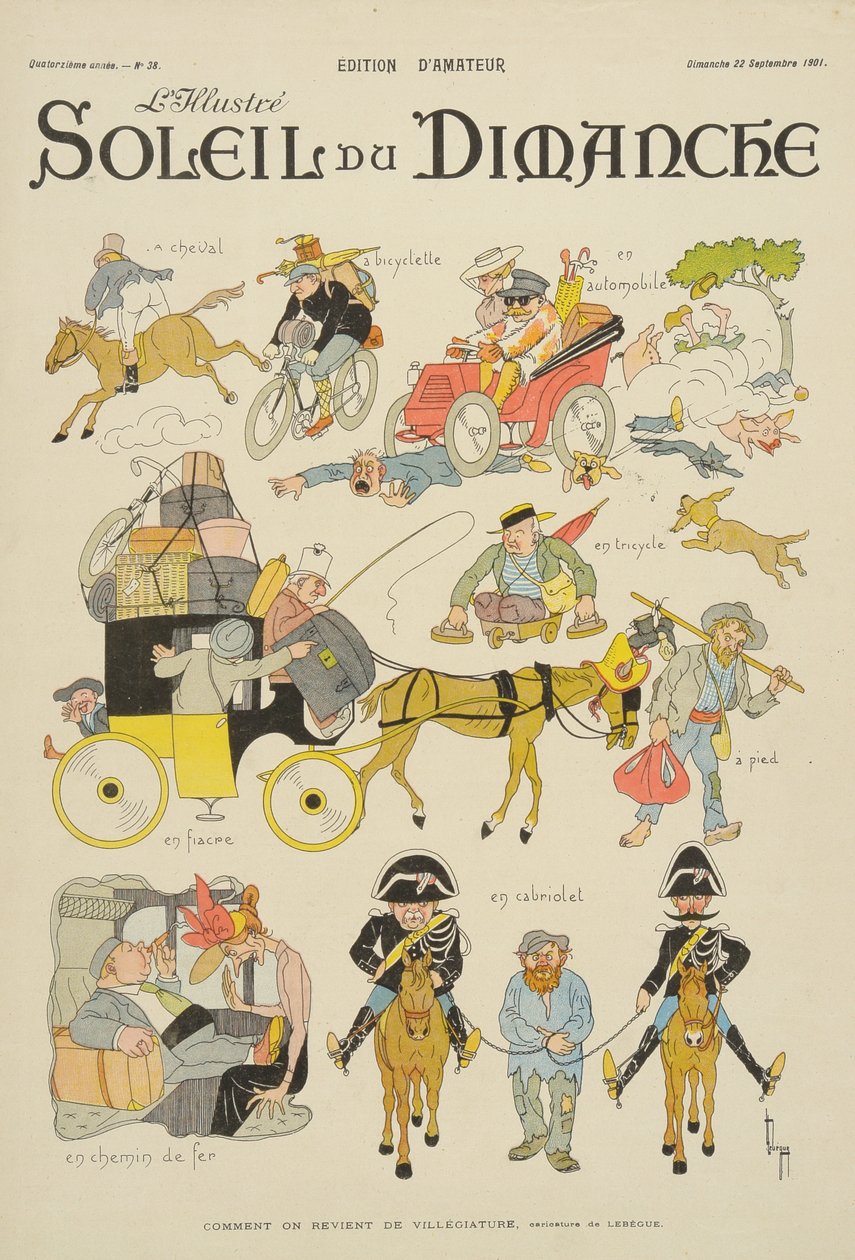 Modos de retornar das férias, da capa de &39;Soleil du Dimanche&39;, domingo 22 de setembro de 1901 de Leon Lebegue