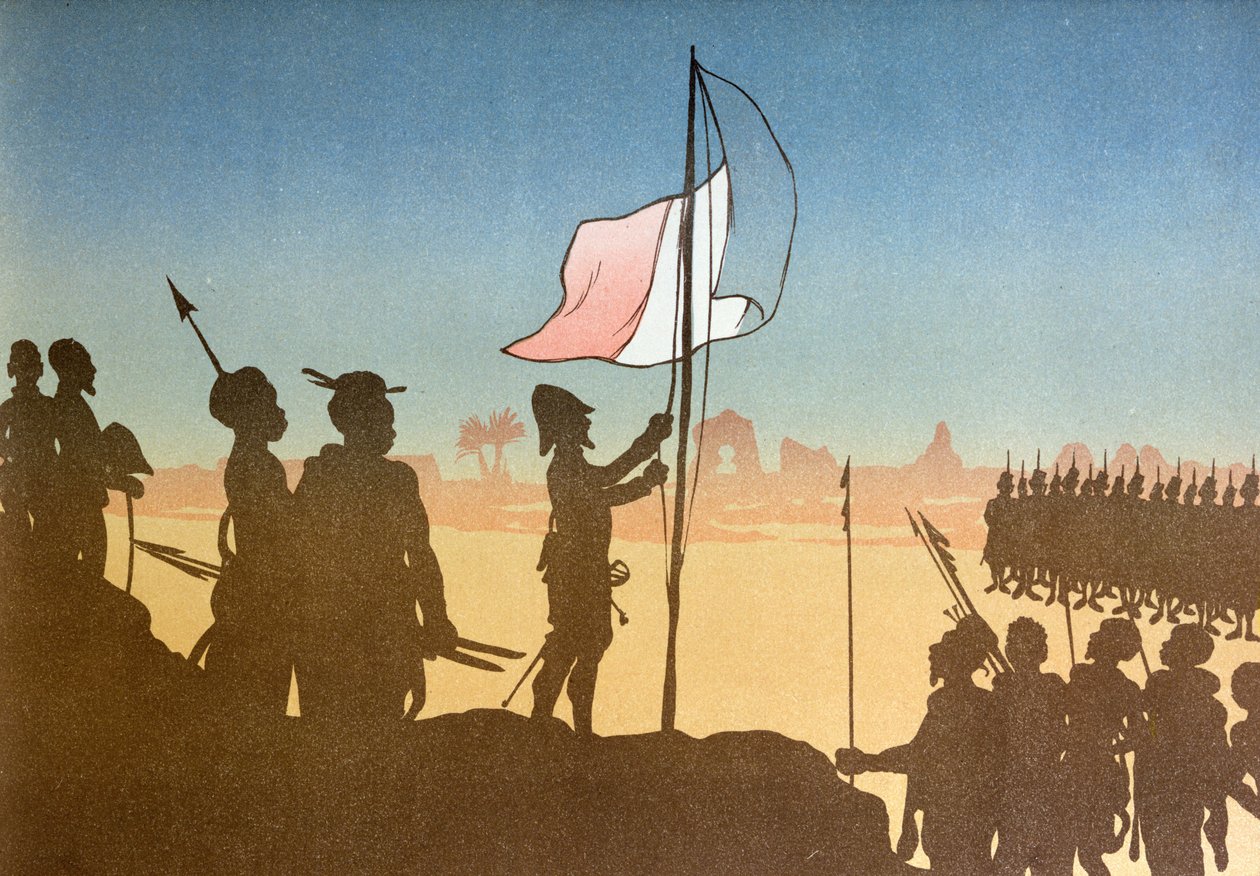 Jogo de sombras representando o levantamento da bandeira francesa em Fashoda em 1898, 1900 de Leon Leroy