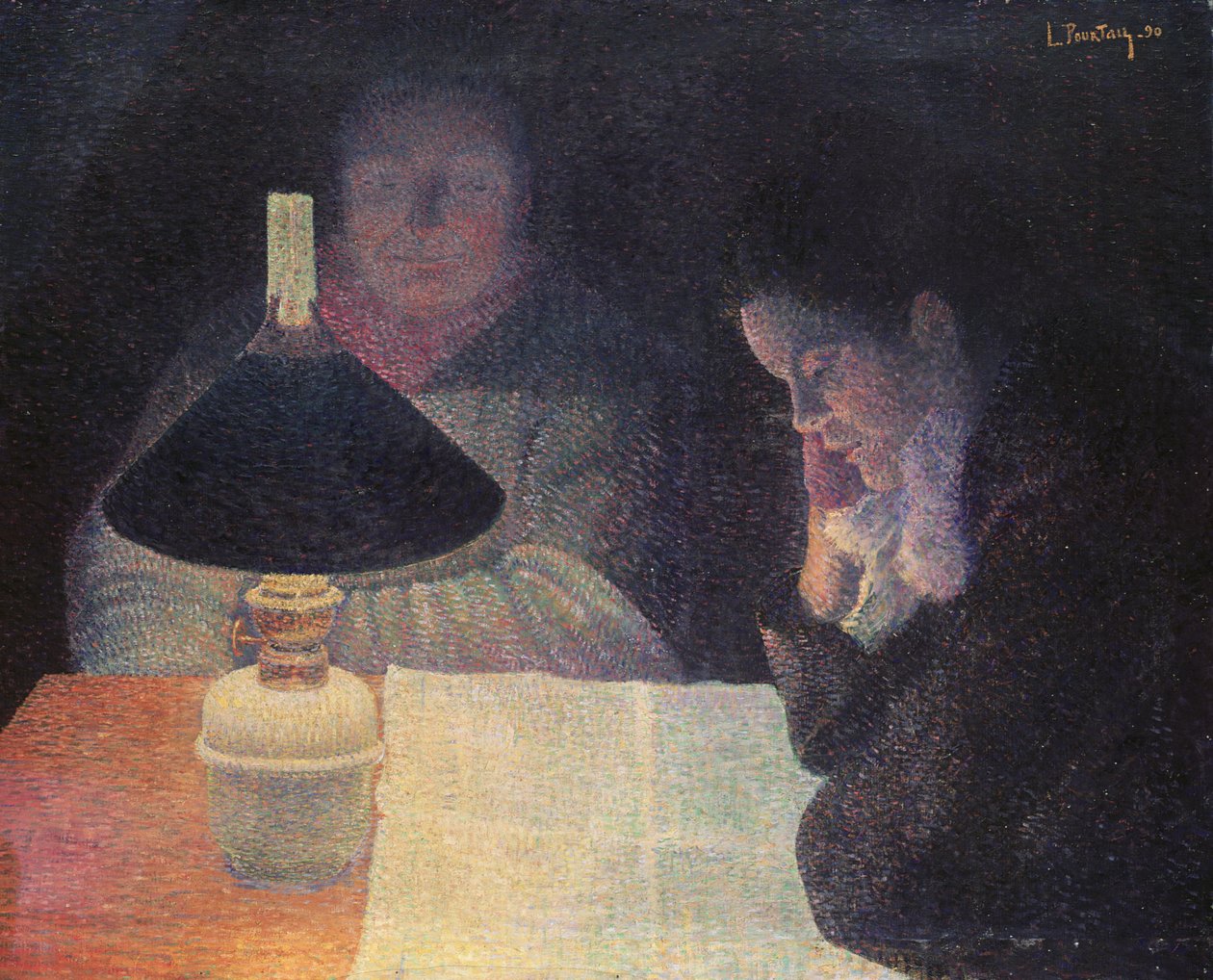 Leitura sob a lâmpada, 1890 de Leon Pourtau