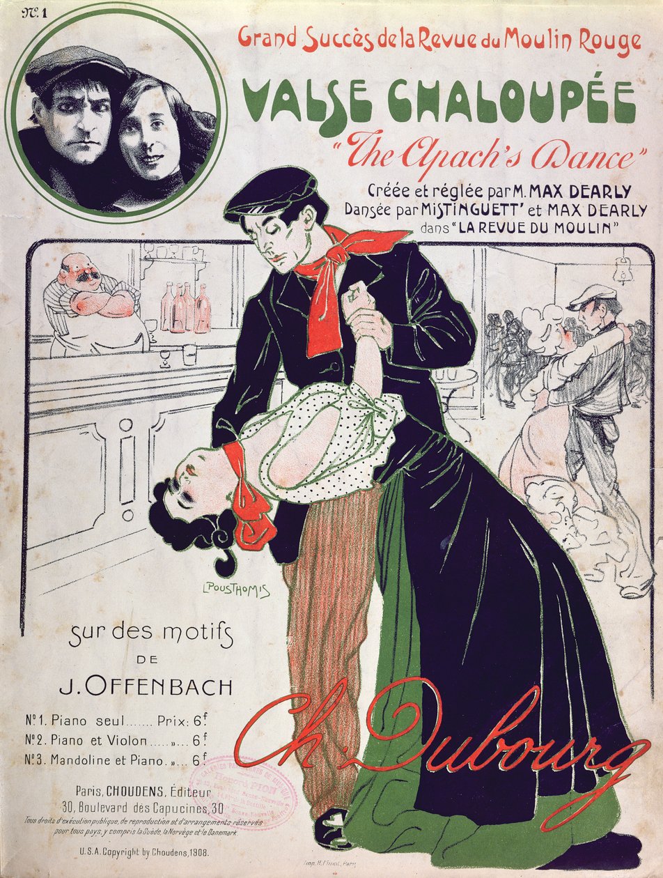 Ilustração da capa da partitura para &39;Valse Chaloupee&39; (&39;A Dança do Apache), apresentada no&39; Revue du Moulin, Paris, 1908 de Leon Pousthomis