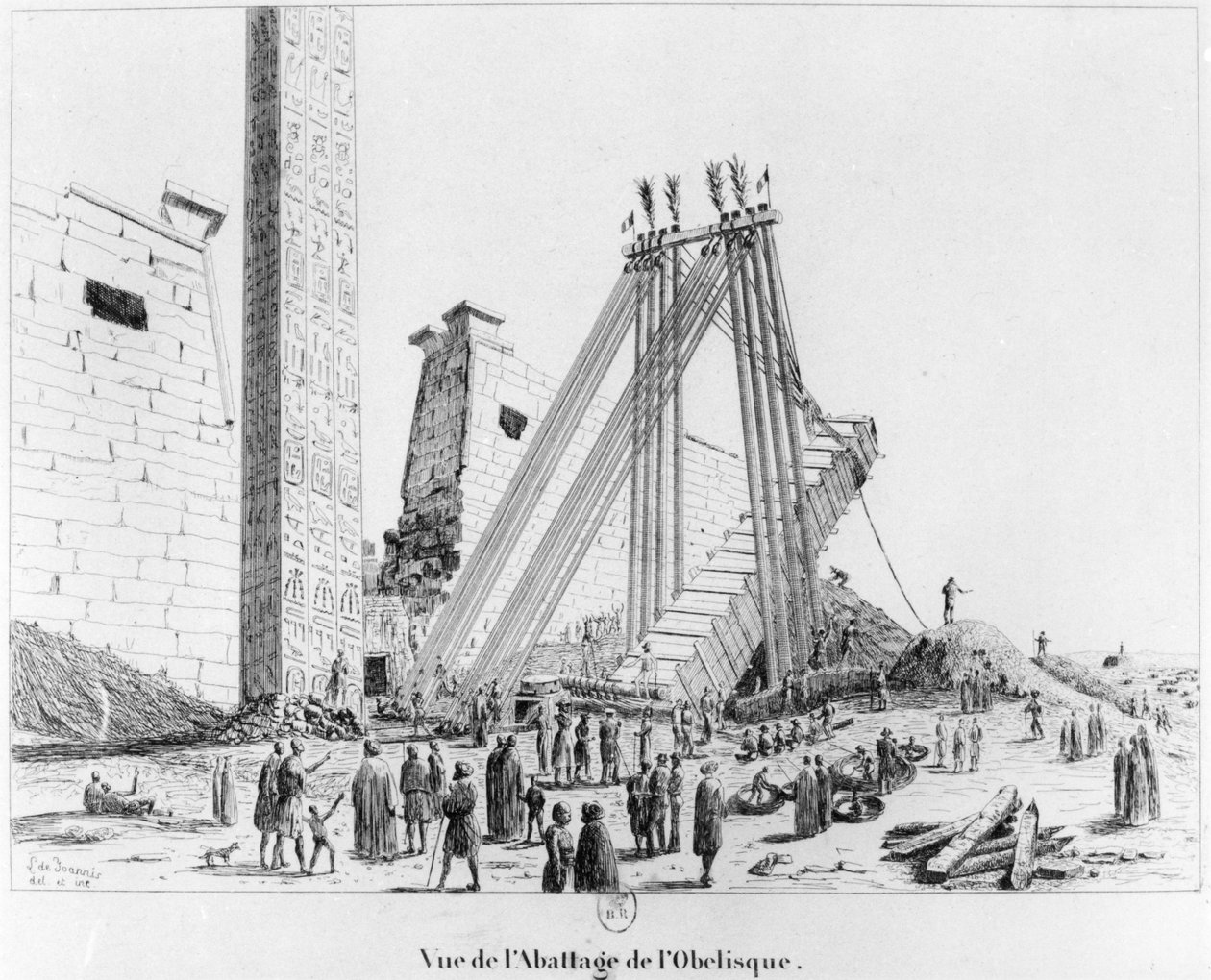 Derrubando o obelisco do Templo de Luxor, de Campagne Pittoresque de Luxor, 1835 de Leon de Joannis