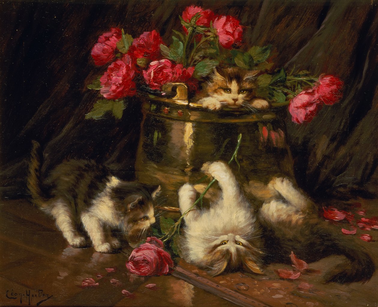 Gatinhos brincalhões (óleo sobre tela) de Leon Charles Huber