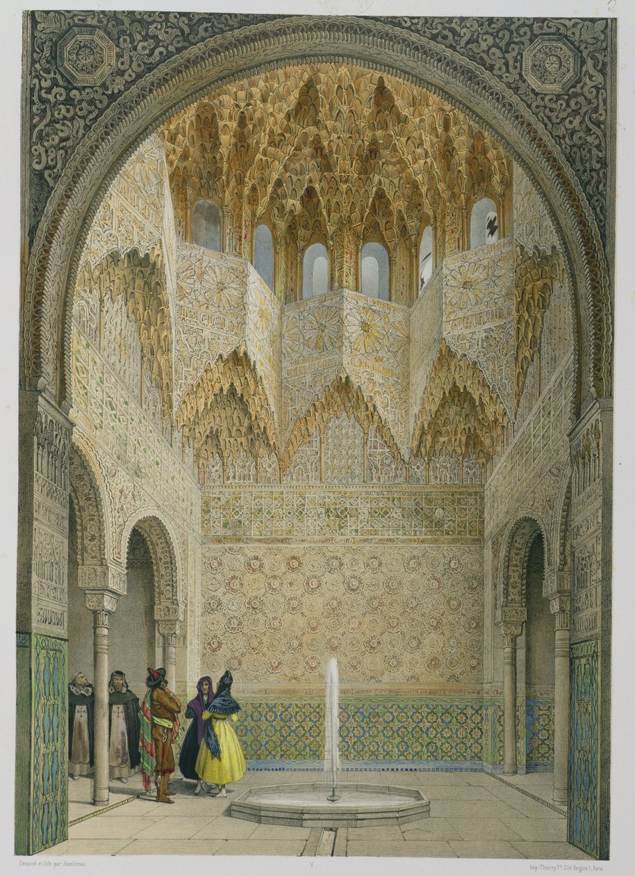 O Salão dos Abominrages, o Alhambra, Granada, 1853 (lito colorido) de Leon Auguste Asselineau