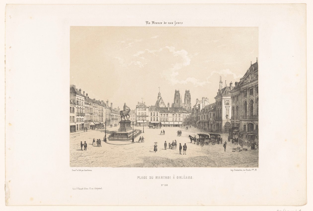 Vista da Place du Martroi em Orléans Place du Martroi à Orleans (título no objeto) França contemporânea (título da série) La France de nos jours (título da série no objeto) de Leon Auguste Asselineau