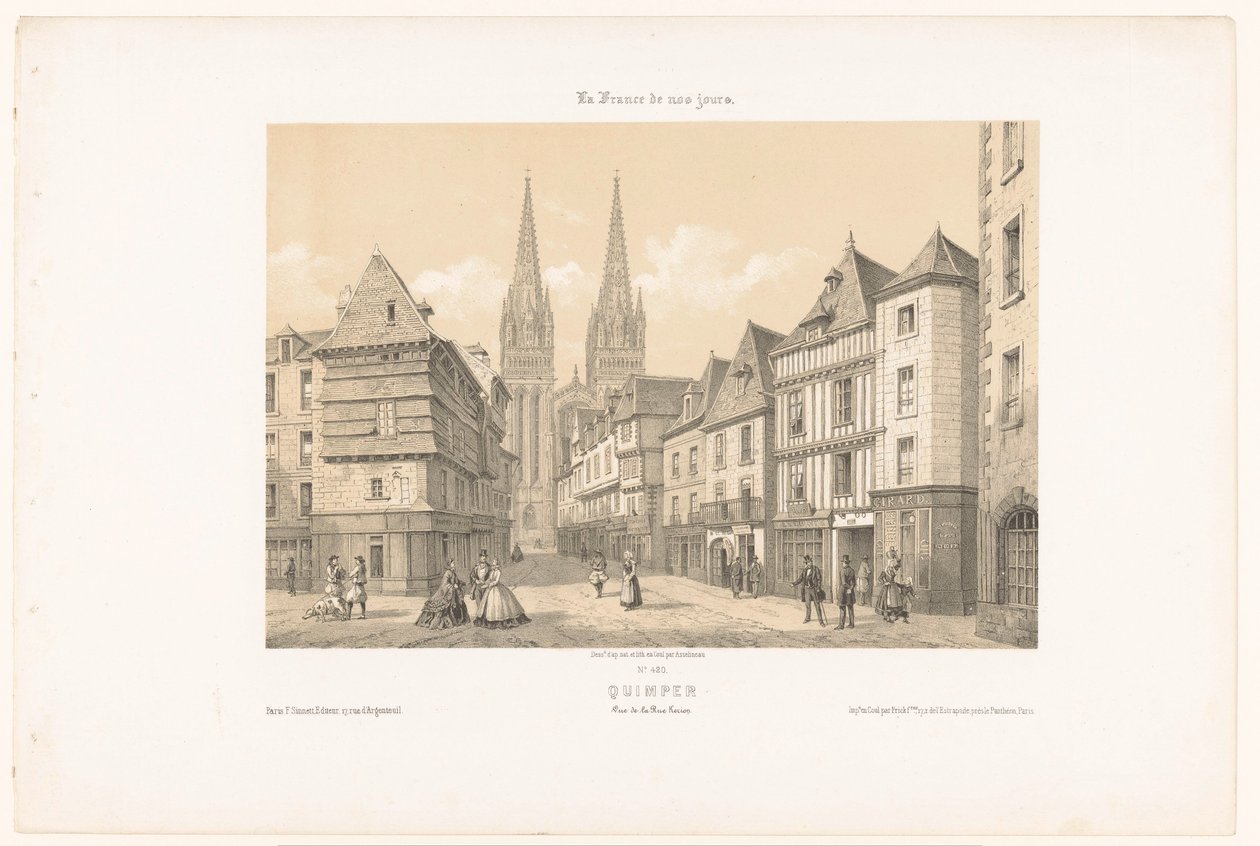 Vista da Rue Kéréon e da catedral em Quimper
Quimper. Vue de la rue Kerion (título sobre o objecto)
França Contemporânea (título da série)
La France de nos jours (título da série sobre o objecto) de Leon Auguste Asselineau