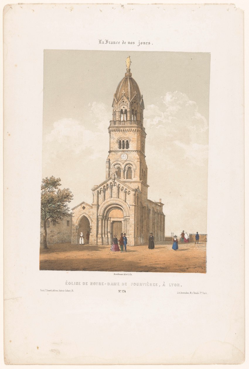 Zicht op de basiliek Notre-Dame de Fourvière em Lyon
Igreja de Notre-Dame de Fourvières em Lyon (título sobre o objecto)
Hedendaags Frankrijk (título da série)
La France de nos jours (título da série sobre o objecto) de Leon Auguste Asselineau