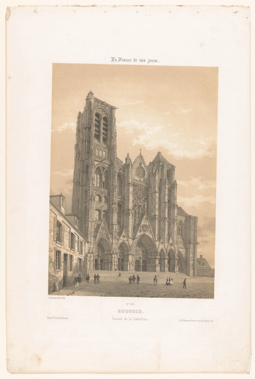 Vista da fachada da catedral em Bourges Bourges. Façade de la cathédrale (título no objeto) França contemporânea (título da série) La France de nos jours (título da série no objeto) de Leon Auguste Asselineau