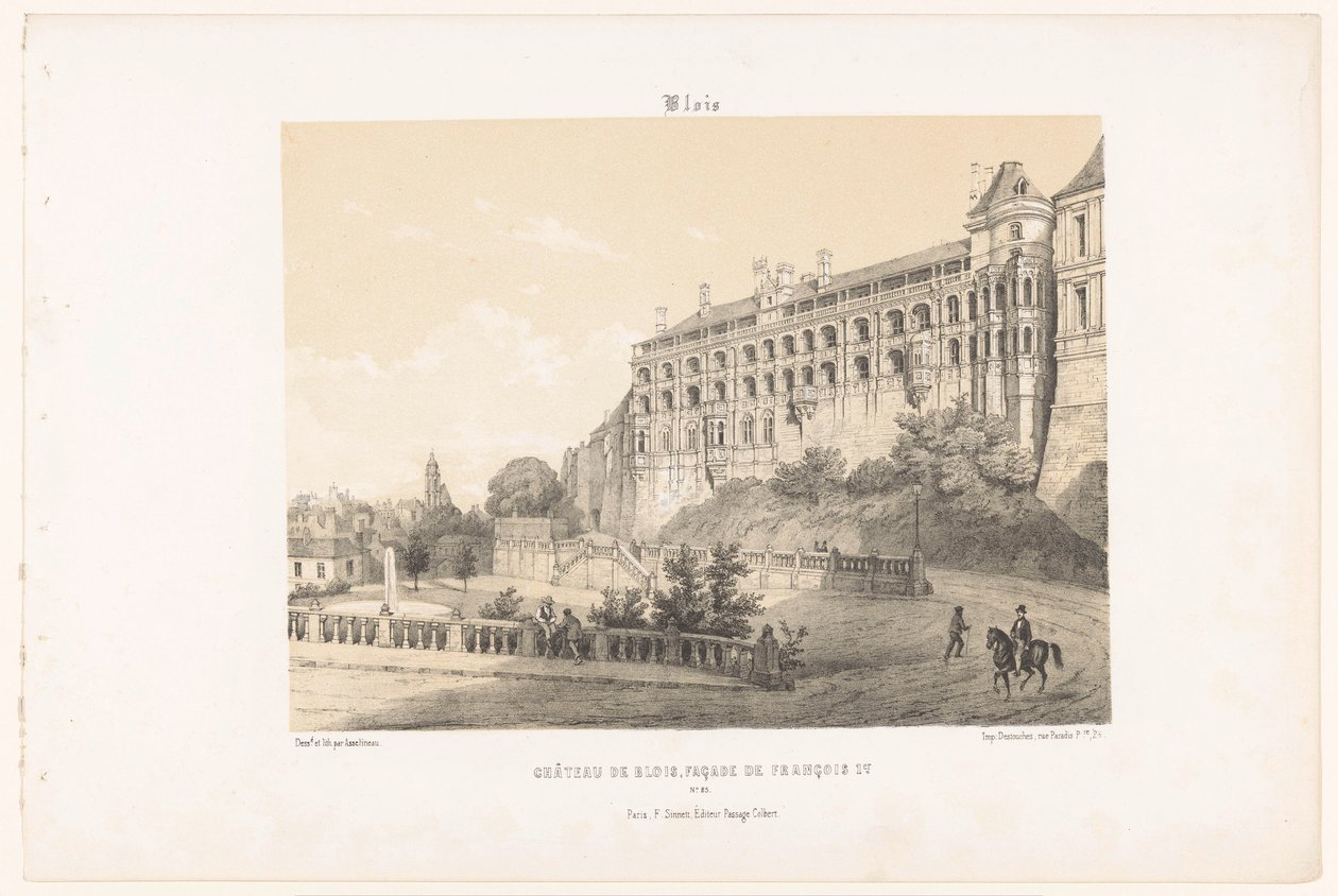 Vista da fachada do Rei Francisco I do Castelo de Blois blois. Château de Blois, fachada de François Ier. (título no objeto) França contemporânea (título da série) La France de nos jours (título da série) de Leon Auguste Asselineau