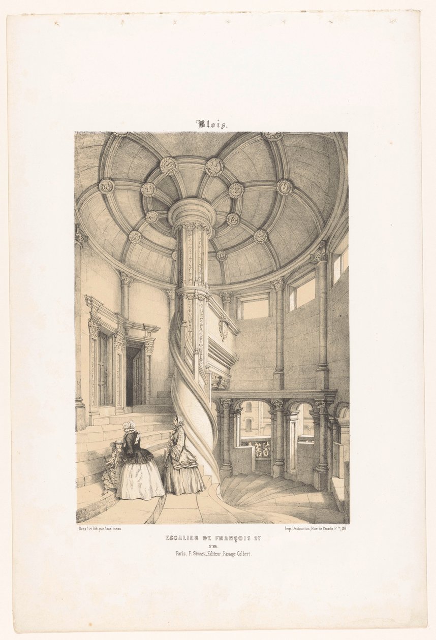 Vista da escada em espiral do Rei Francisco I em Blois. Castelo blois. Escalier de François Ier (título no objeto) França contemporânea (título da série) La France de nos jours (título da série) de Leon Auguste Asselineau