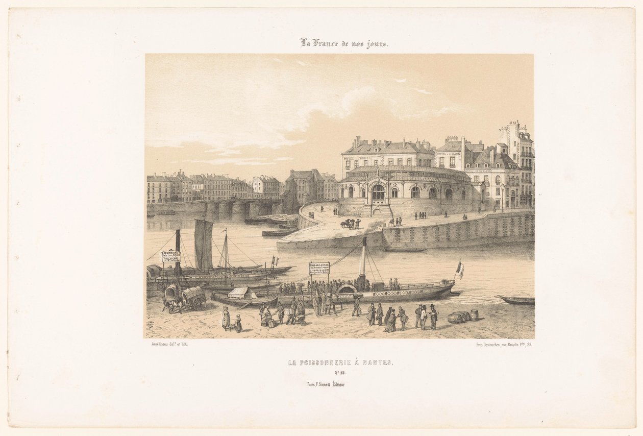 Vista do salão de pesca em Nantes do cais La poissonnerie à Nantes (título no objeto) França contemporânea (título da série) La France de nos jours (título da série no objeto) de Leon Auguste Asselineau