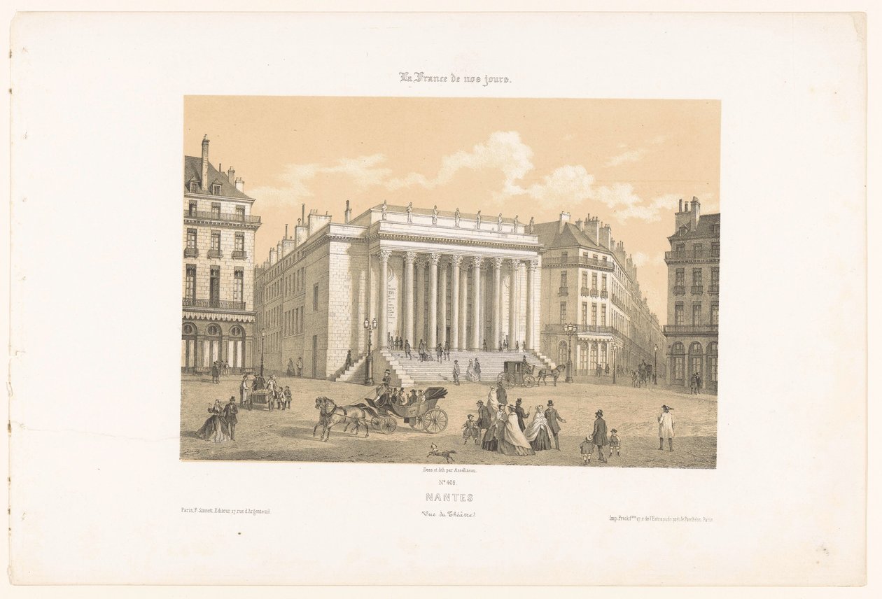 Vista do Théâtre Graslin em Nantes Nantes. Vue du theatre (título no objeto) França contemporânea (título da série) La France de nos jours (título da série no objeto) de Leon Auguste Asselineau