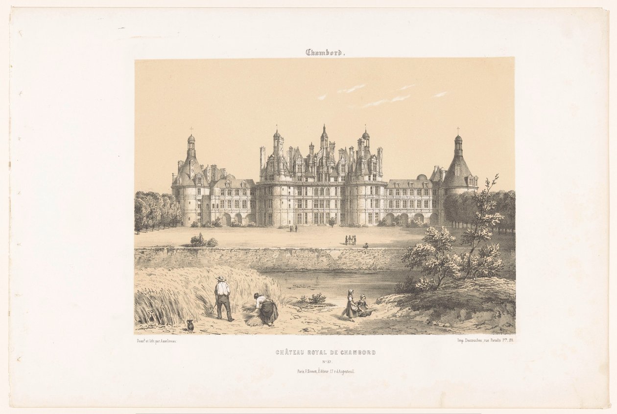 Vista do Château de Chambord no Loire Chambord. Château Royal de Chambord (título no objeto) França contemporânea (título da série) La France de nos jours (título da série) de Leon Auguste Asselineau