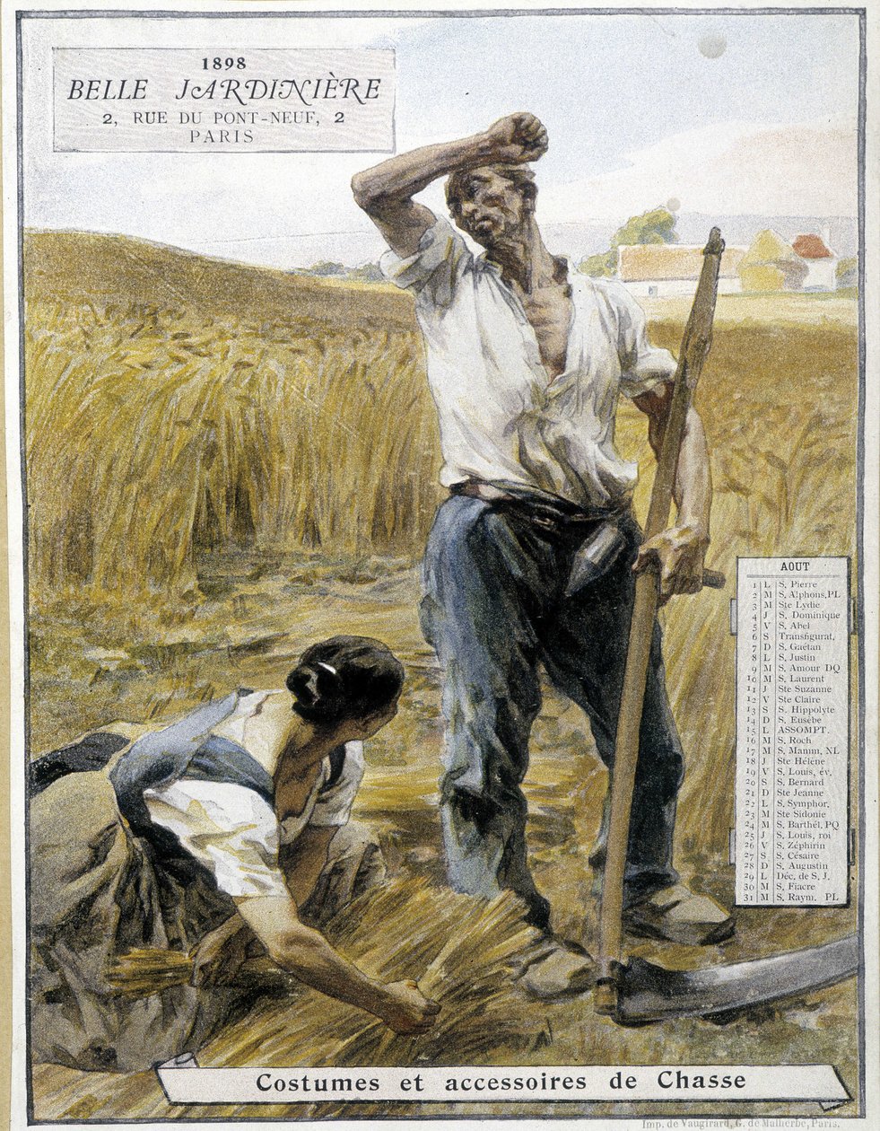 Colheita - por Lhermitte, calendário da loja "The beautiful gardener", agosto de 1898 de Leon Augustin Lhermitte
