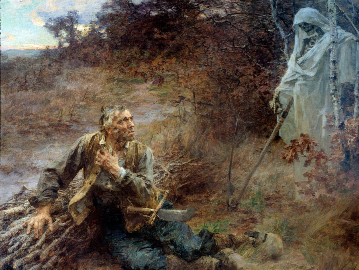 La mort et le woodman Ilustração para a fábula de Jean de La Fontaine (1621-1695) Pintura de Leon Augustin Lhermitte (1844-1925) 1893, 2,06 x 2,42 m Chateau Thierry, musee La Fontaine - A Morte e o madeireiro. Ilustração para a fábula de Jean de La de Leon Augustin Lhermitte