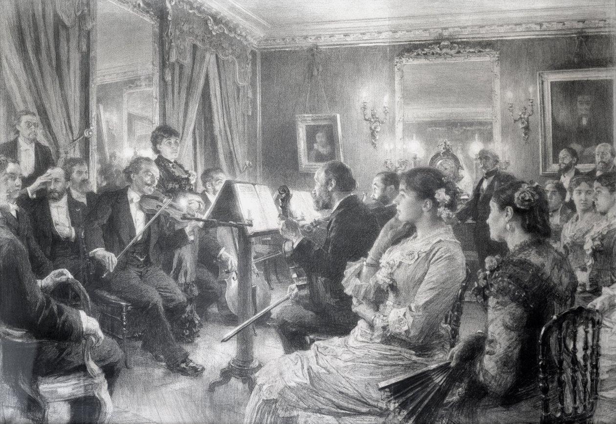 O Quarteto ou A Noite Musical na Casa de Amaury Duval, 1881 (carvão sobre papel) de Leon Augustin Lhermitte