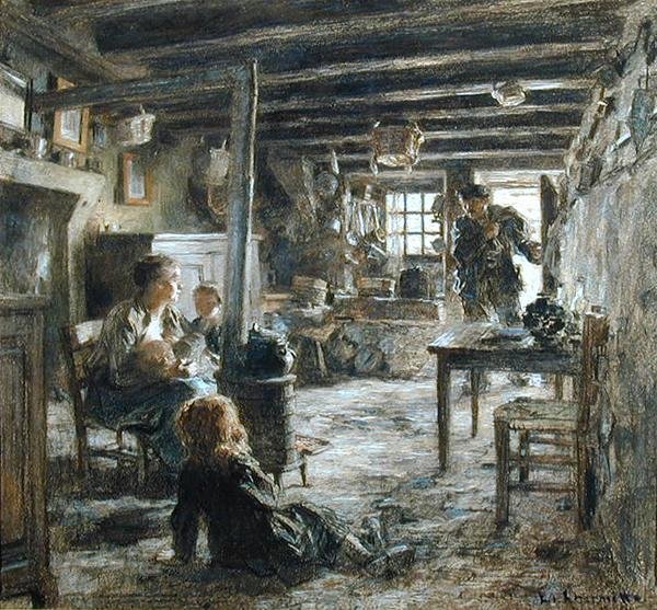 Une Famille, Interieur Fonte (Regresso do Pai) 1887 (pastel sobre papel) de Leon Augustin Lhermitte