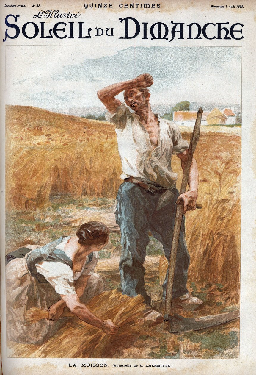 a colheita. Camponeses a cortar o trigo num campo. (baseado na aguarela de L. Lhermitte) Gravação em "Le sun-du-dimanche", 6 de agosto de Leon Augustin Lhermitte