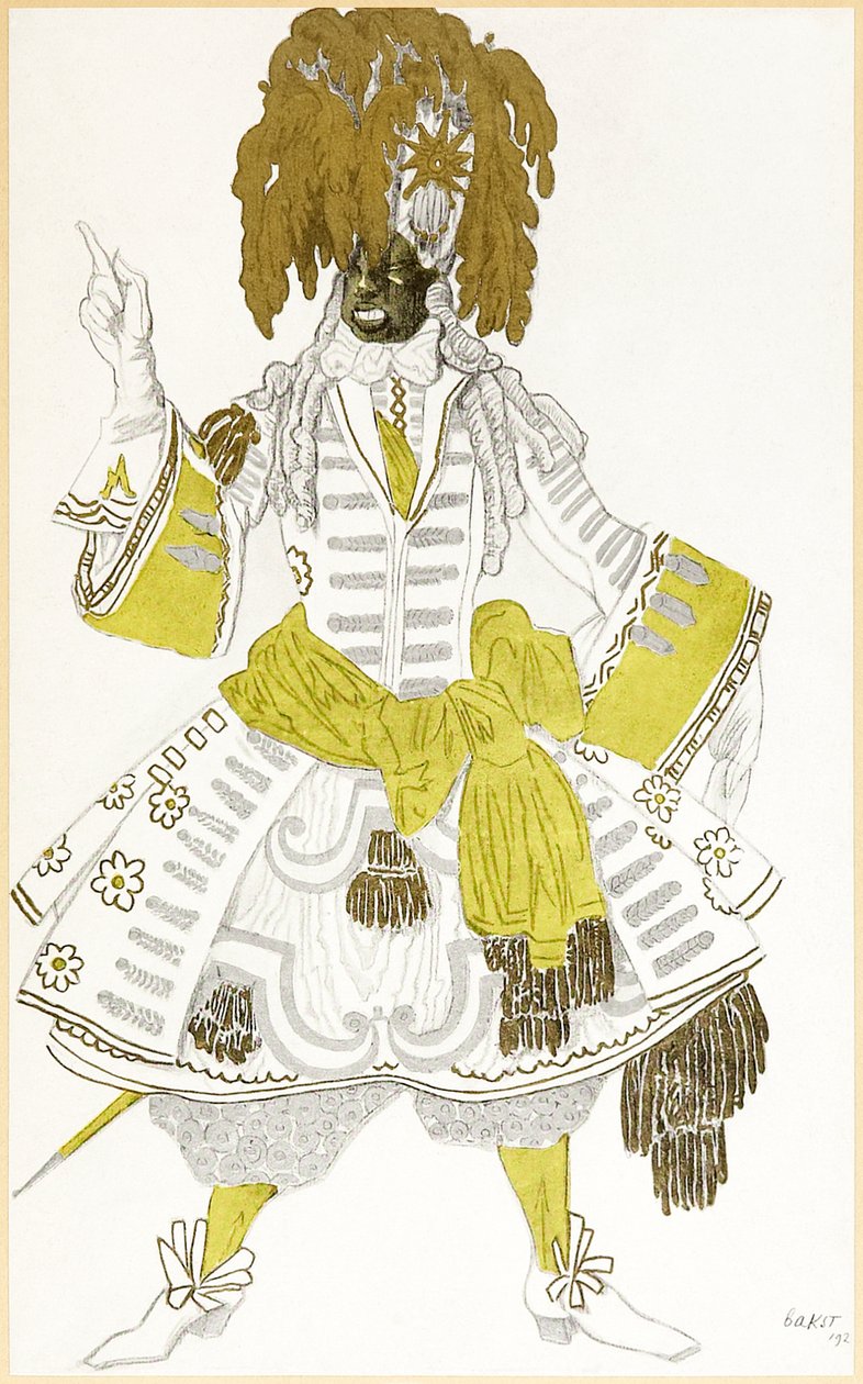 Desenho do traje de guarda preto do The Designs of Léon Bakst para The Sleeping Princess de Leon Bakst