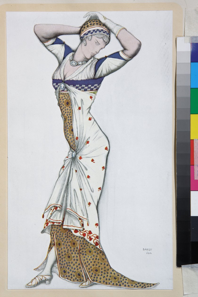 Desenho de um vestido moderno - Obra de Leon Bakst (1866-1924), litografia por volta de 1910 - (Design de um vestido moderno, litografia colorida de Leon Bakst de Leon Bakst
