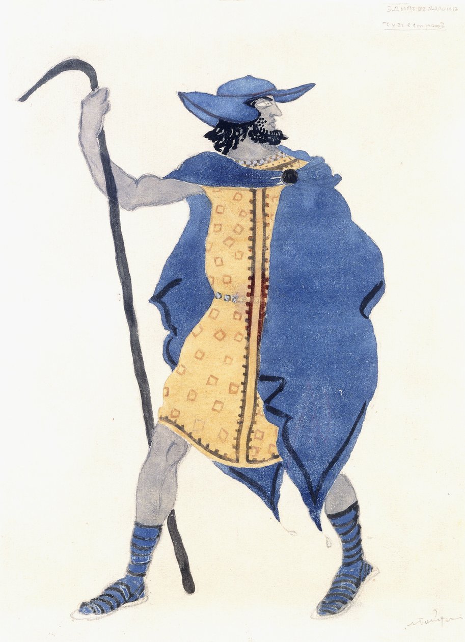 Desenho de figurino para Édipo em Colonnus- the Stranger, c. 1899-1909 (lápis, w - c e tinta prateada no papel) de Leon Bakst