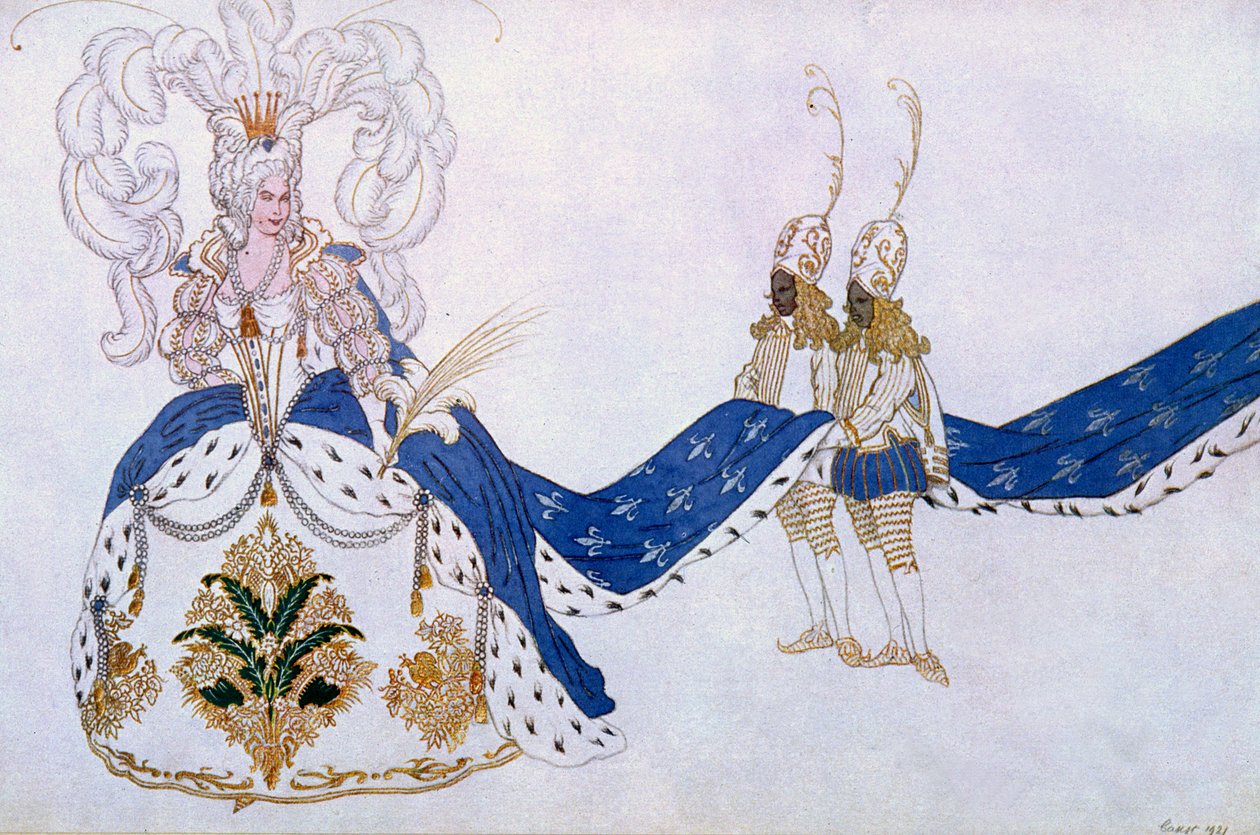 Figurino para a rainha e suas páginas, da bela adormecida, 1921 de Leon Bakst
