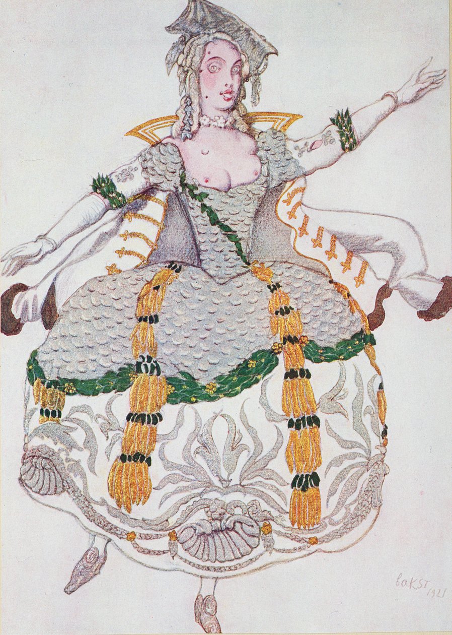 Desenho de traje para uma Mazurka (Senhora), de Bela Adormecida de Leon Bakst