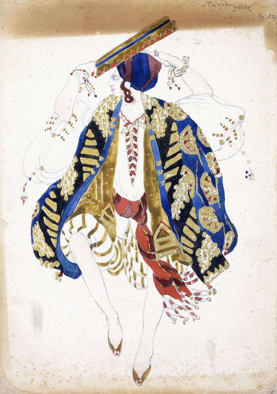 Figurino para um dançarino do sexo masculino em "Danse Juive", usando bijuteria e turbante, tocando pandeiro, de Leon Bakst