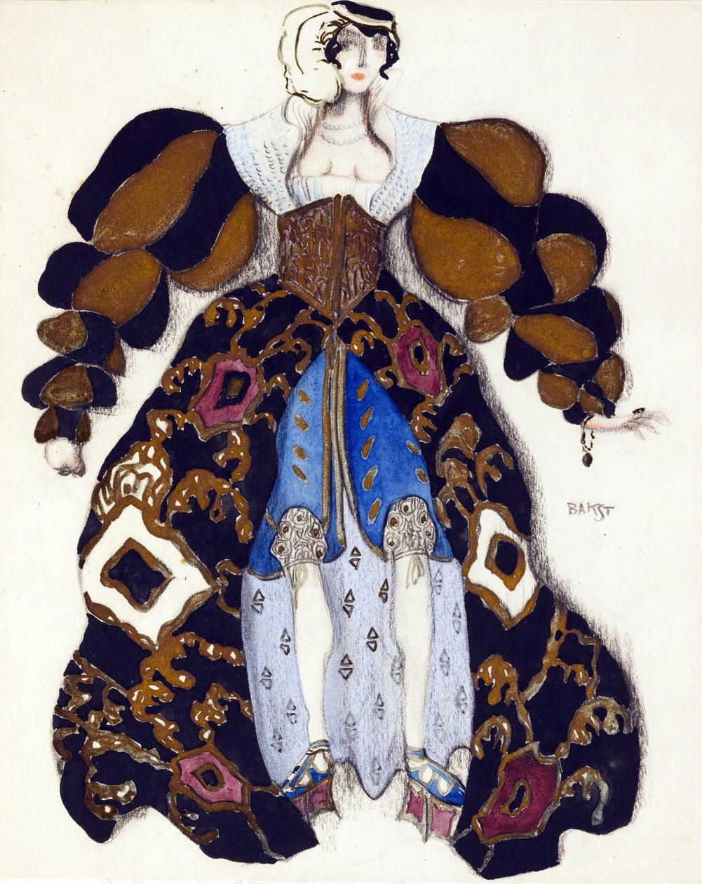 Desenho de figurino para o Ballet "La Legende de Joseph" de R. Strauss - Bakst, Leon (1866-1924) - 1914 - Aquarela, Gouache sobre Papel - 33x28 - Coleção Particular de Leon Bakst