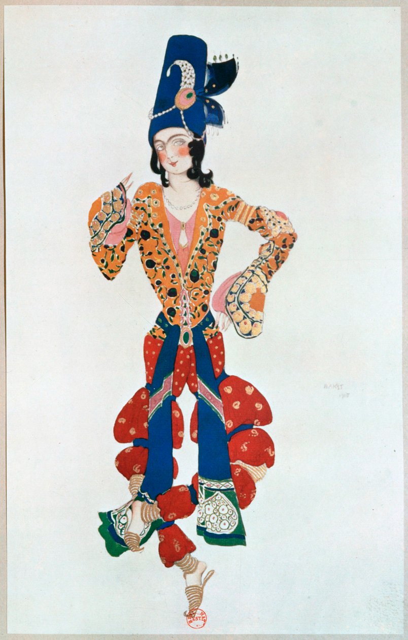 Traje para o bailarino Nijinsky no ballet "Sheherezade", apresentado durante a ... de Leon Bakst